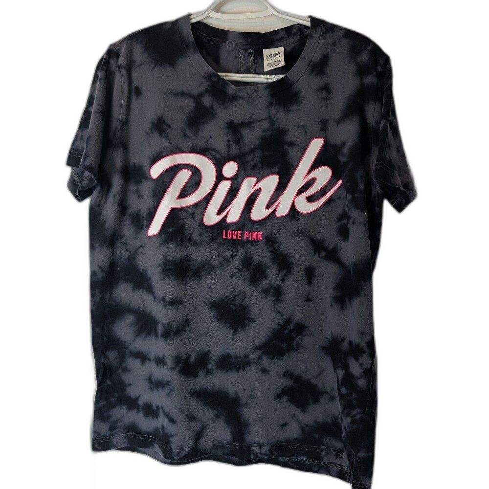 Victoria's Secret PINK Tie Dye Slit Open Back Campus Tee Black/Pink S Oversized